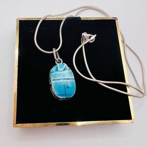 Vintage 40's Egyptian Revival Sterling Silver Blue Scarab Pendant Necklace